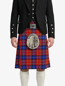 Person wearing a black jacket and red plaid kilt with a silver sporran on a white background