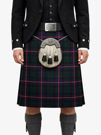 Person wearing a traditional Scottish kilt with a sporran on a white background
