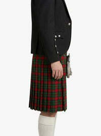 Person wearing a black jacket and red plaid kilt on a white background