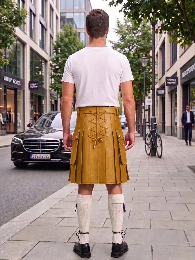 Mustard Yellow Cow Leather Utility Kilts for Men