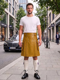 A man stands on a city sidewalk wearing a mustard yellow leather kilt over a white t-shirt, white knee-high socks, and black leather shoes. A black Mercedes-Benz car and a bicycle are visible in the background of the street scene.