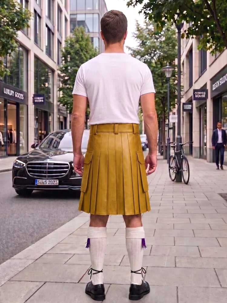 Mustard Yellow Leather Kilt For Men Tactical Utility Kilts