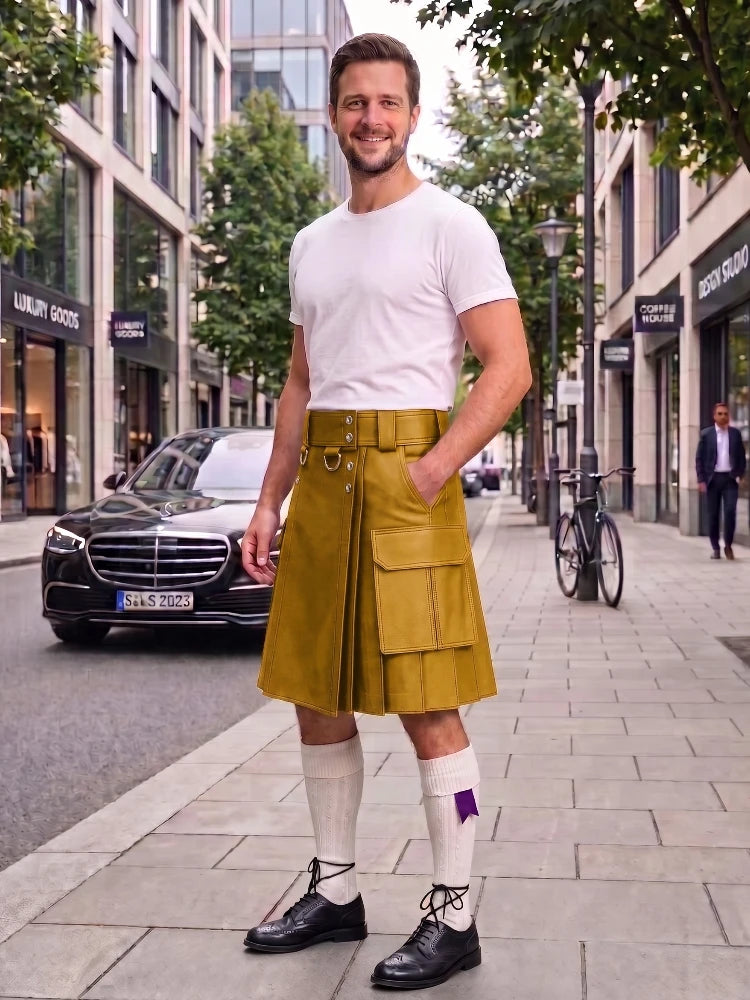 A man stands on a city sidewalk wearing a mustard yellow kilt with a matching belt and buckle, a white t-shirt, white knee-high socks, and black shoes. A black Mercedes-Benz car is parked on the street behind him, with trees and storefronts in the background.