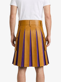 Mustard Yellow  Leather Kilt With Purple Pleats Back