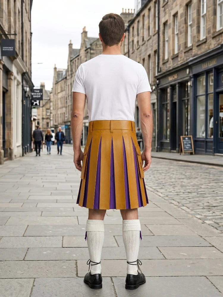 Mustard Yellow Leather Kilt With Purple Pleats