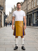 Mustard Yellow  Leather Kilt With Purple Pleats Front Side