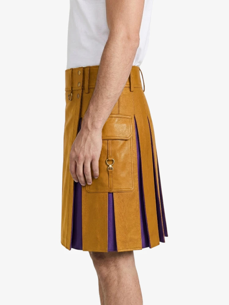 Mustard Yellow  Leather Kilt With Purple Pleats Left