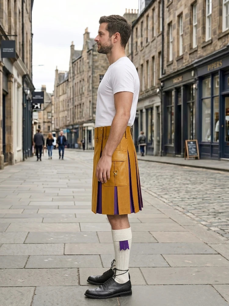 Mustard Yellow  Leather Kilt With Purple Pleats Left Side