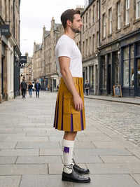 Mustard Yellow  Leather Kilt With Purple Pleats Right Side