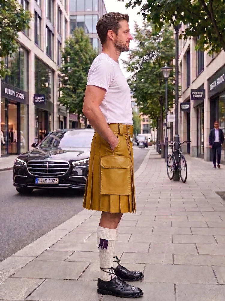 A man standing on a city sidewalk wearing a tan pleated kilt with a white t-shirt, white socks, and black leather shoes. The background shows a street with buildings, trees, and parked cars.