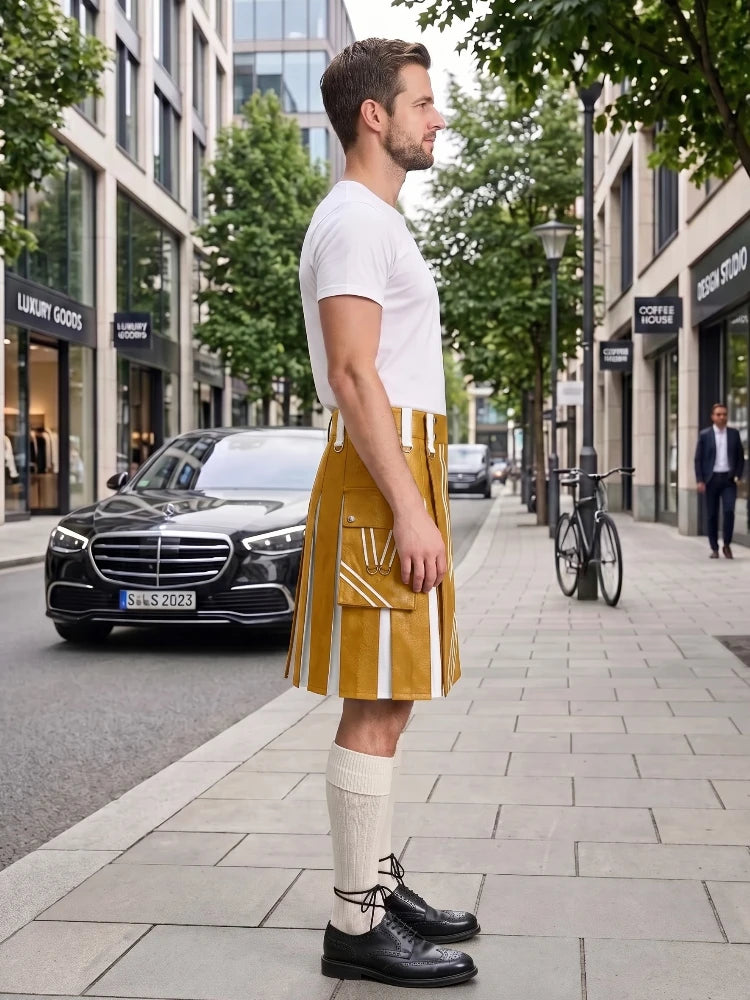 A man stands on a city sidewalk wearing a mustard yellow faux-leather kilt with white vertical stripes, a white t-shirt, cream knee-high socks, and black leather shoes. A black Mercedes-Benz car and a bicycle are visible in the background on a tree-lined street.