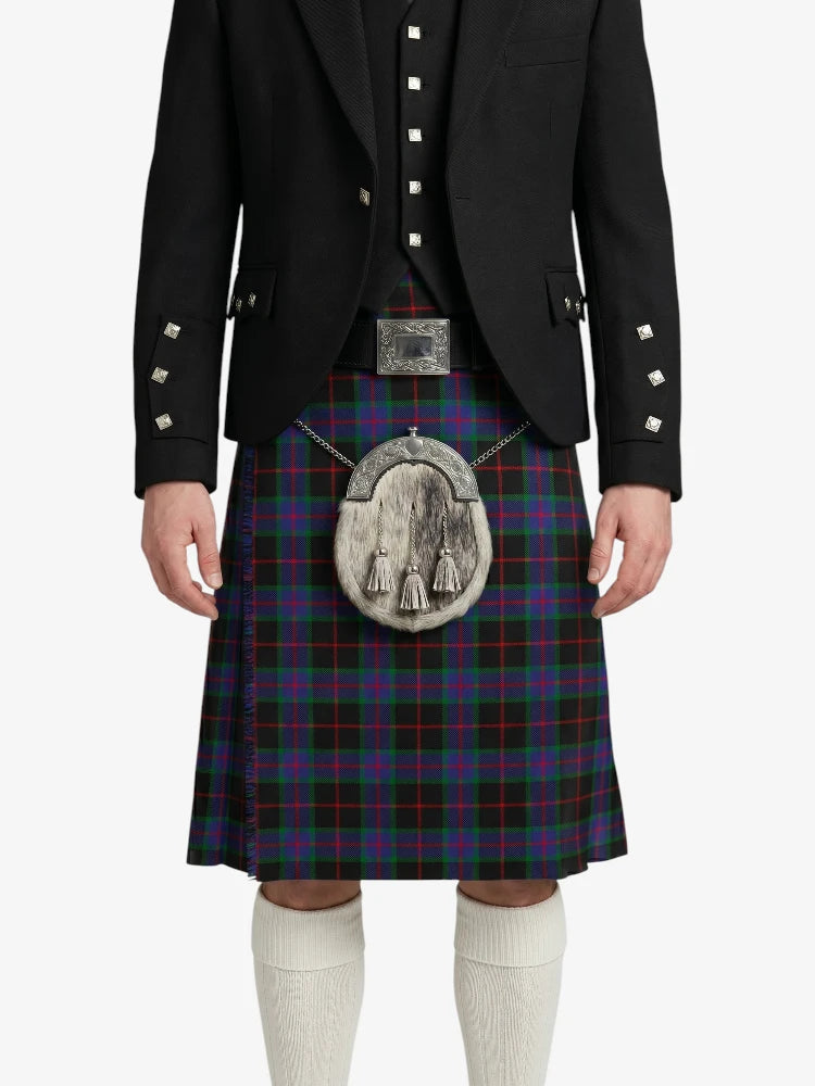 Person wearing a black jacket and tartan kilt on a white background