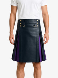 Navey Blue Leather Kilt With Purple Pleats