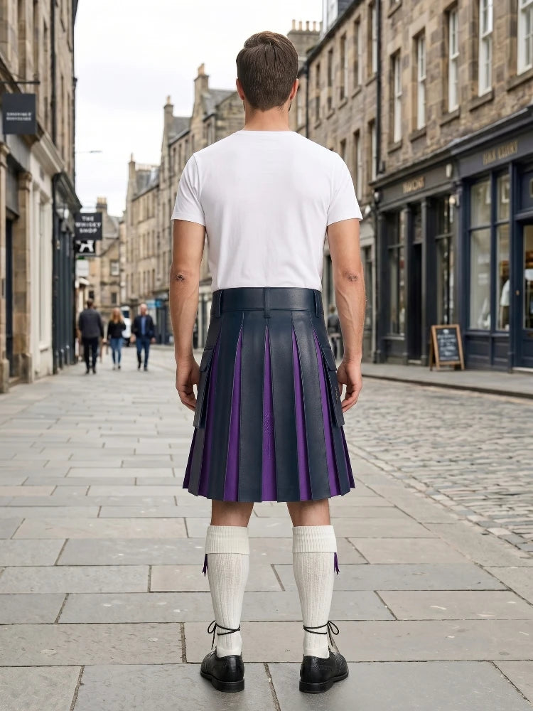 Navey Blue Leather Kilt With Purple Pleats