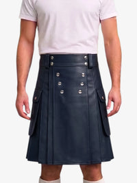A person wearing a dark navy pleated faux-leather kilt with silver-tone double-breasted buttons and side flap pockets, paired with a white t-shirt against a light gray background.