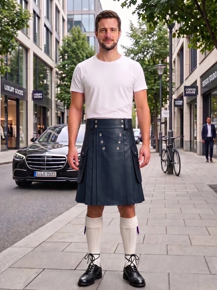 Navy Blue Cow Leather Utility Kilts for Men