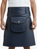 Navy leather kilt with a visible pocket on a plain background