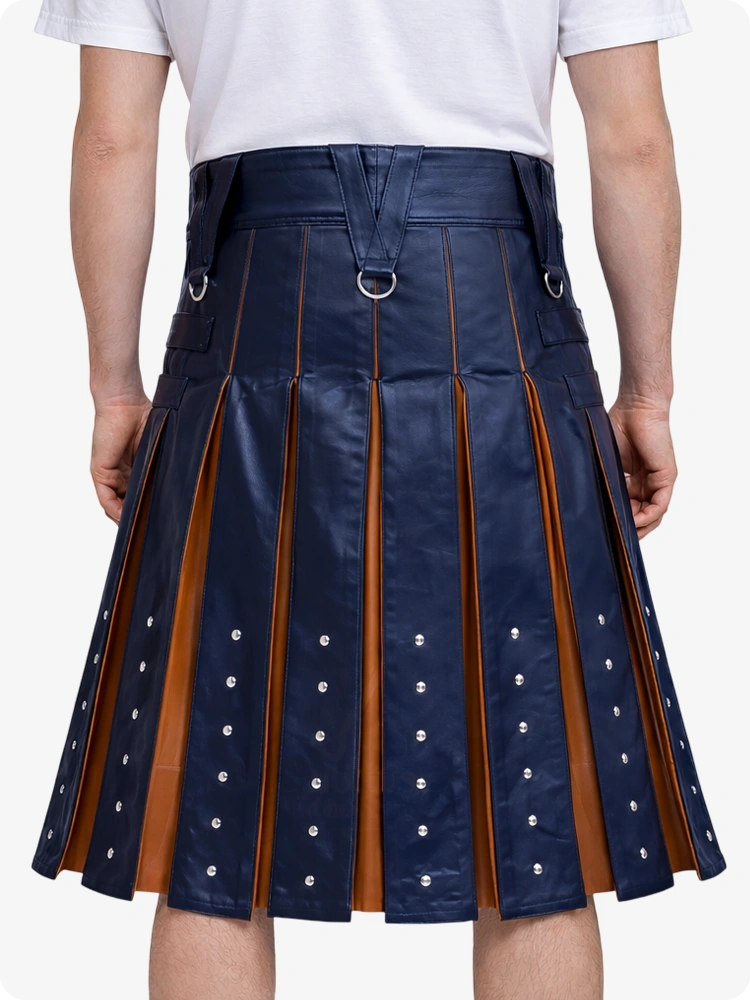 Navy Blue pleated skirt with brown accents worn by a person on a white background