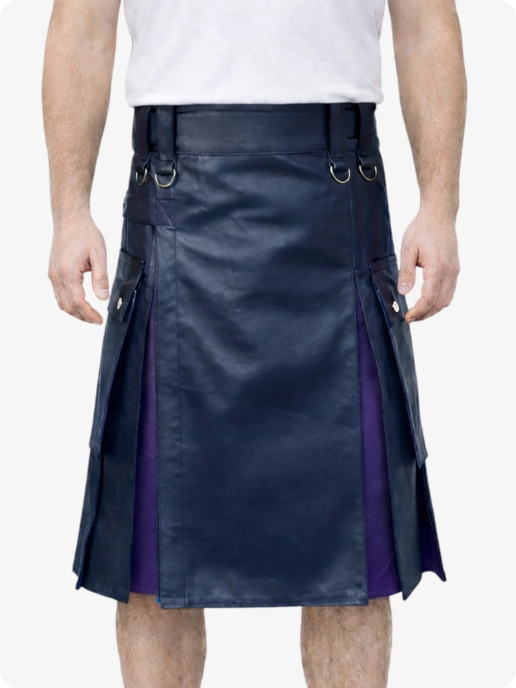 Navy Blue Leather Utility Kilt with Purple Pleats, Side Pockets & D-Ring Hardware