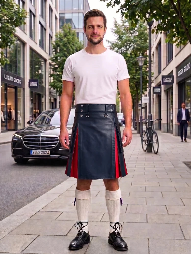 Navy Blue With Red Cowhide Leather Hybrid Utility Kilt