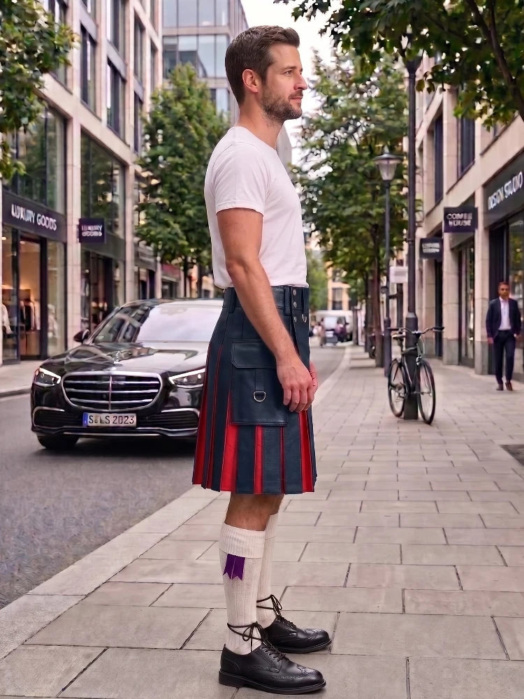 A man standing on a city sidewalk wearing a traditional Scottish kilt with red and dark blue stripes, a white t-shirt, white socks, and black leather shoes. A black Mercedes-Benz car is parked on the street behind him.