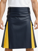 Black and yellow kilt worn by a person on a plain background
