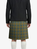 Person wearing a black jacket and green plaid kilt on a white background