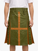 Olive Green kilt with brown accents worn by a person on a white background