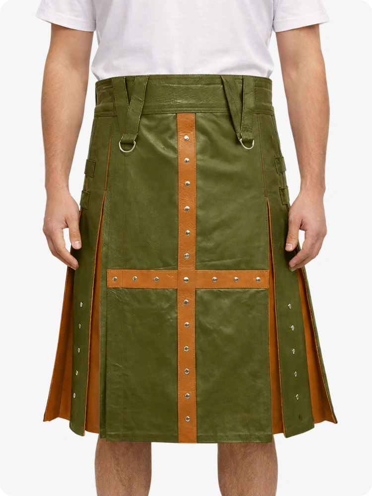 Olive Green Leather Utility Kilt with Brown Cross Panel & Metal Rivet Detailing