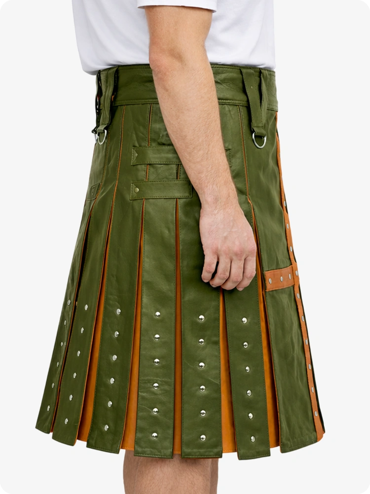 Olive Green Leather Utility Kilt with Brown Cross Panel & Metal Rivet Detailing