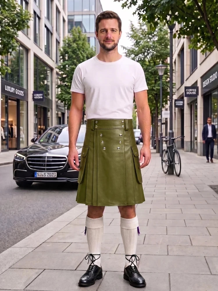 Olive Green Cow Leather Utility Kilts for Men