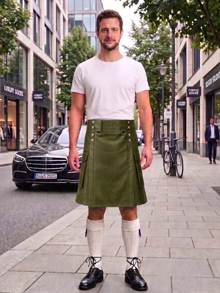 Olive Green Leather Kilt For Men Tactical Utility Kilts