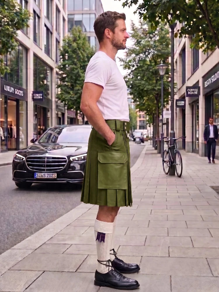 A man standing on a city sidewalk wearing a green pleated kilt, white t-shirt, white knee-high socks, and black leather shoes, with buildings, trees, and parked cars in the background.