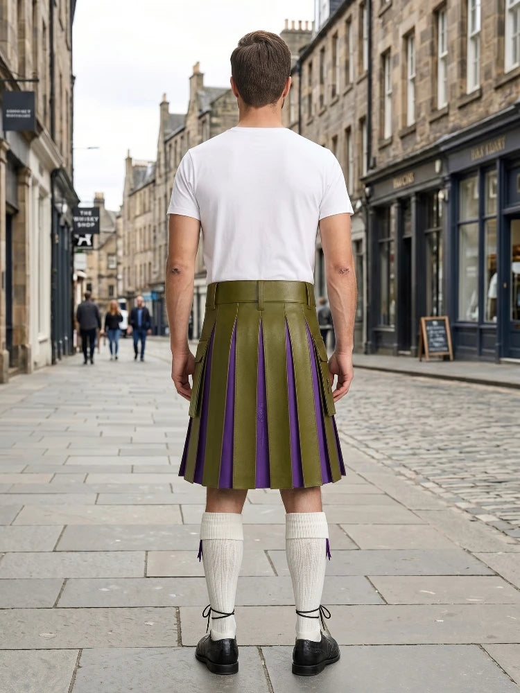 Olive Green Leather Kilt With Purple Pleats
