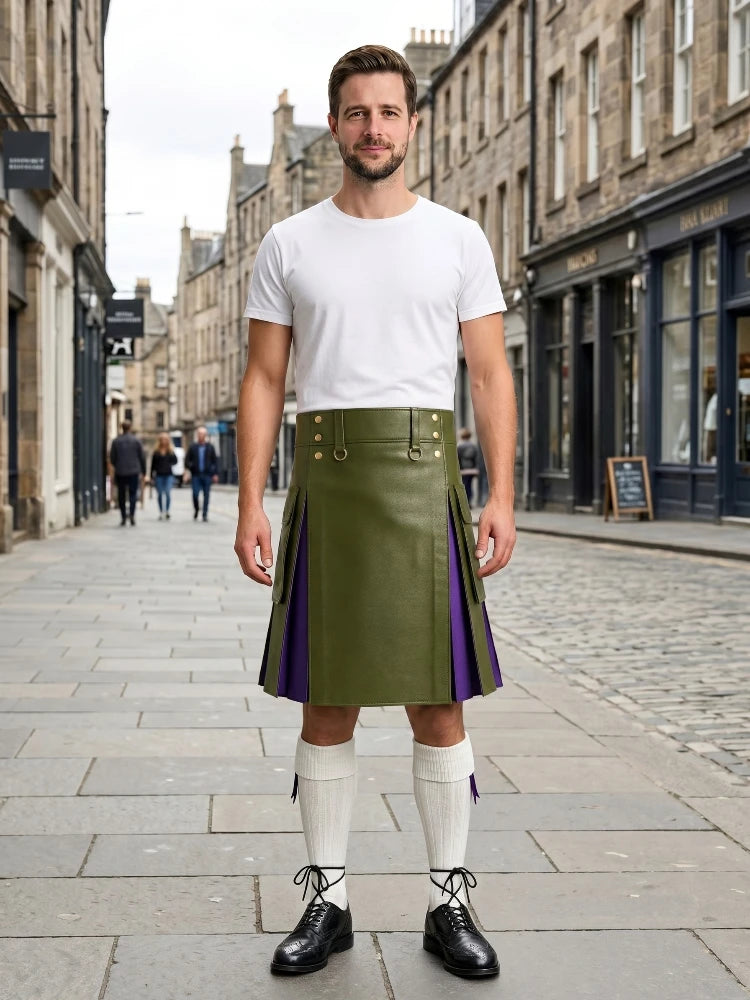 Olive Green Leather Kilt With Purple Pleats