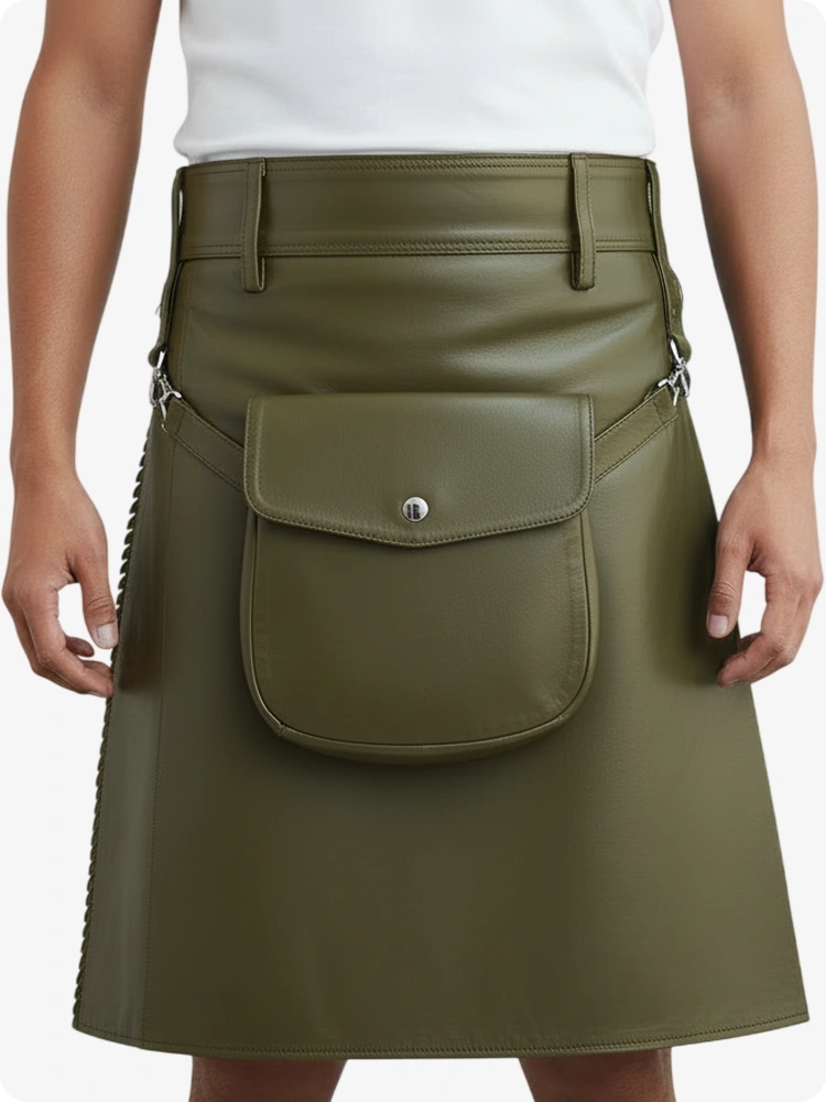Olive Green Leather Pleated Kilt with Belt Loops & Side Straps