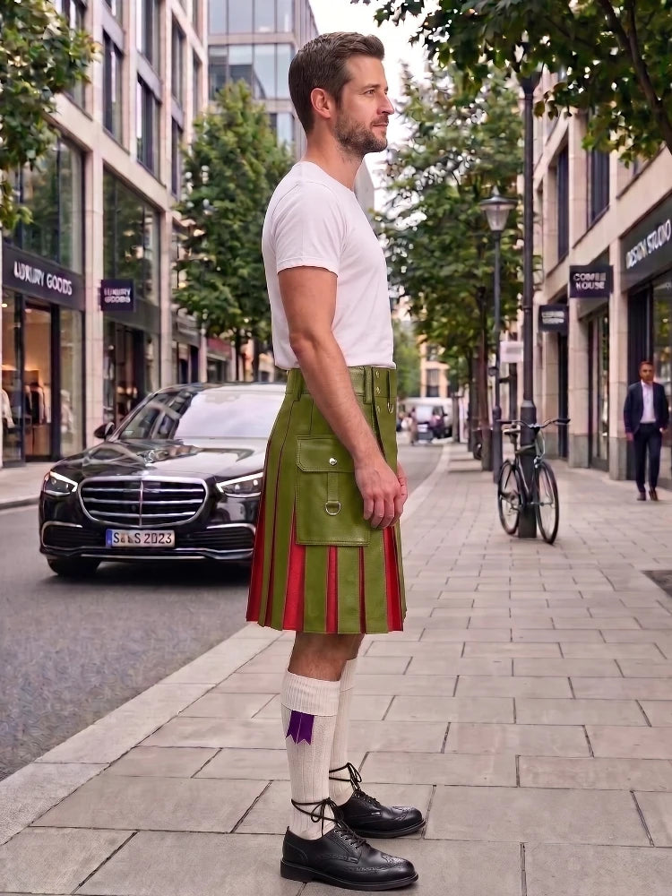 A man standing on a city sidewalk wearing a green kilt with red pleats, a white t-shirt, white socks, and black leather shoes, with a street scene in the background.