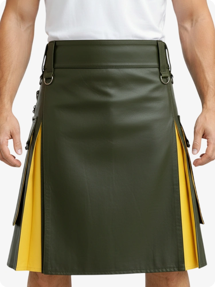 Olive Green & Yellow Leather Utility Kilt with Cargo Pockets