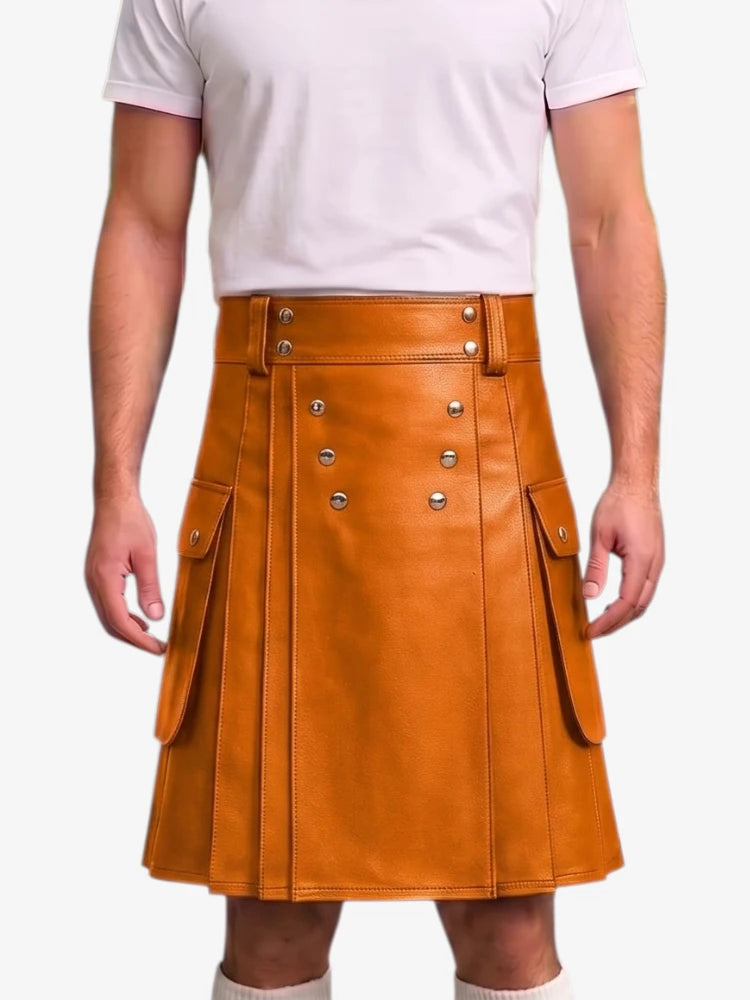 A model wearing a tan faux-leather kilt with silver-tone double-breasted buttons and side flap pockets, paired with a white t-shirt against a light gray background.