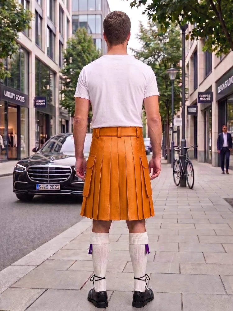 Orange Leather Kilt For Men Tactical Utility Kilts