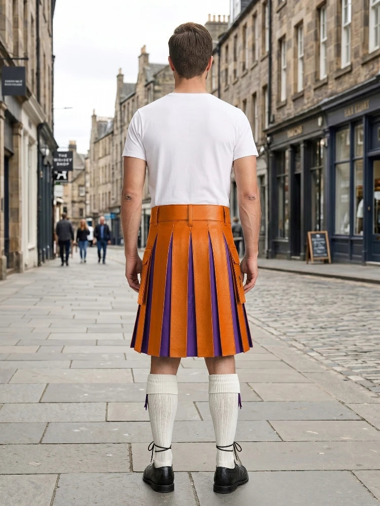 Orange Leather Kilt With Purple Pleats