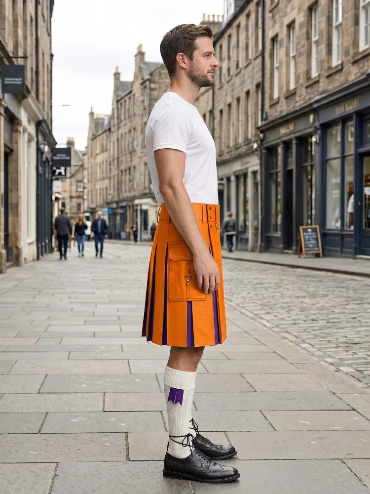 Orange Leather Kilt With Purple Pleats Right Side