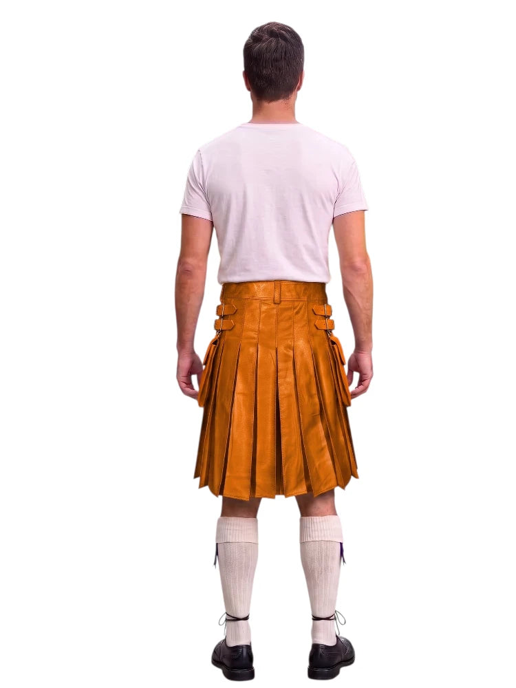 A man viewed from behind wearing a light pink t-shirt, a brown leather kilt, white knee-high socks, and black shoes, isolated on a white background.