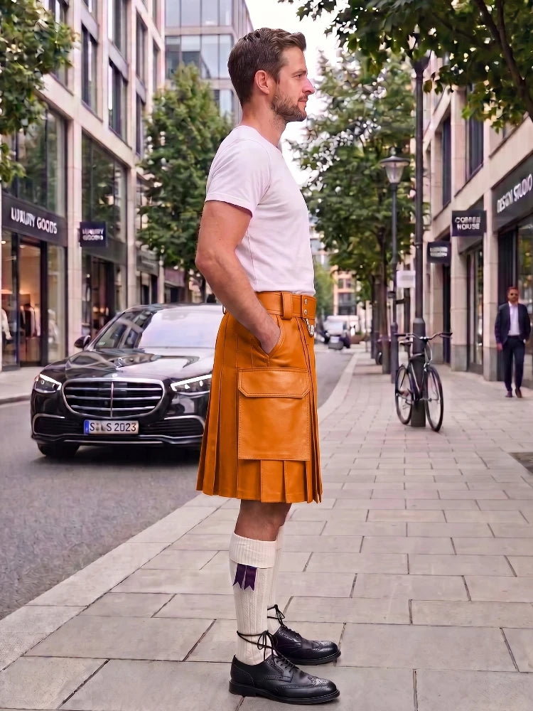 A man standing on a city sidewalk wearing a tan leather kilt, white t-shirt, white knee-high socks, and black leather shoes. The background shows a street with a black Mercedes-Benz car, trees, and buildings.