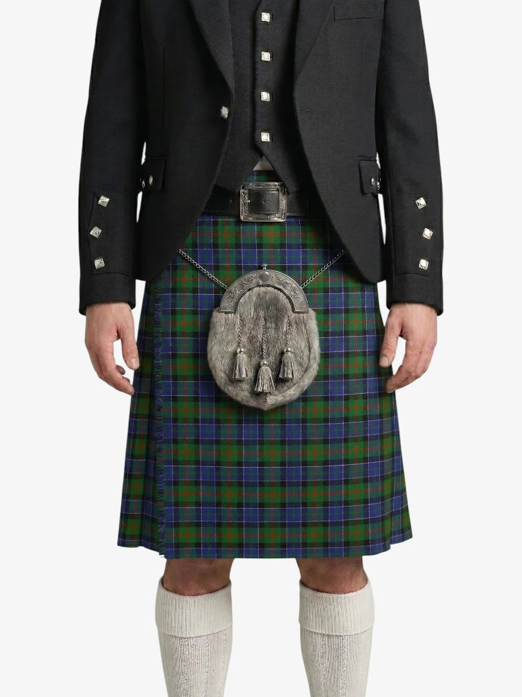 Person wearing a Scottish kilt with a tartan pattern on a white background