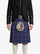 Person wearing a traditional Scottish kilt with a jacket on a white background