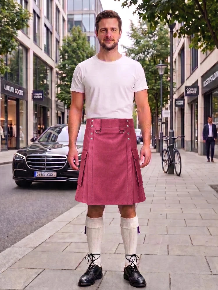 Pink Leather Kilt For Men Tactical Utility Kilts