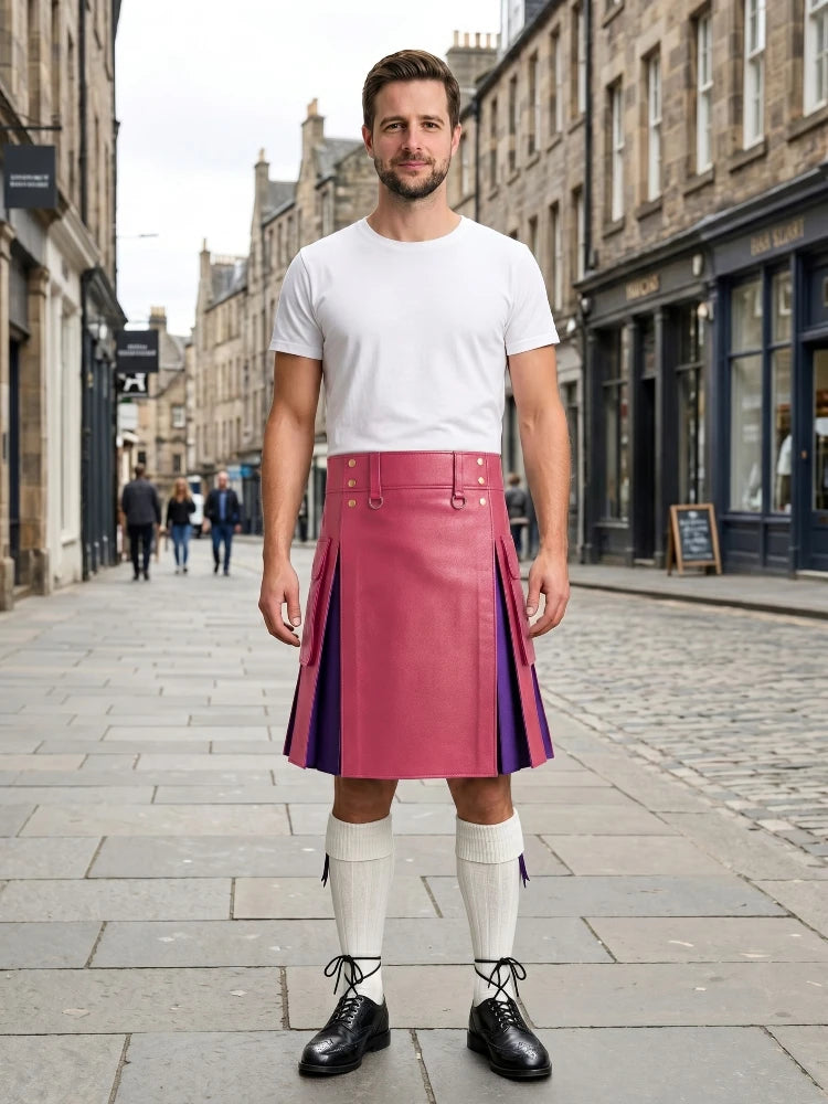 Pink Leather Kilt With Purple Pleats