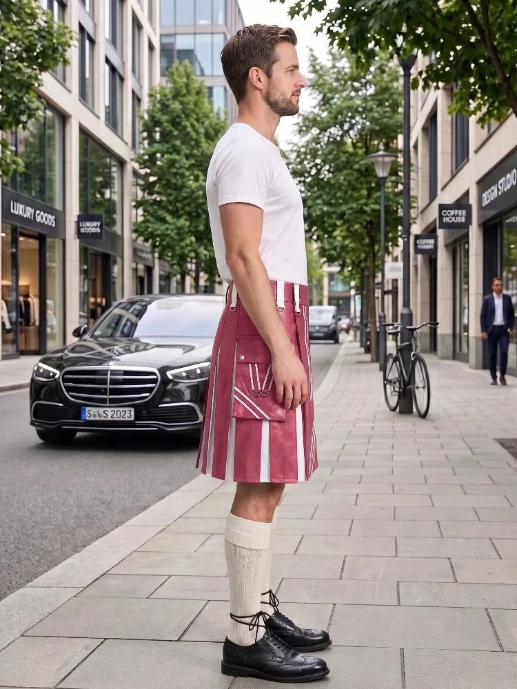 A man stands on a city sidewalk wearing a white short-sleeve T-shirt and a pink kilt with white vertical stripes and multiple front pockets. He is also wearing cream knee-high socks and black leather shoes.