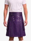 A person wearing a purple faux-leather kilt with silver-tone decorative buttons and side flap pockets, paired with a white t-shirt against a plain light background.
